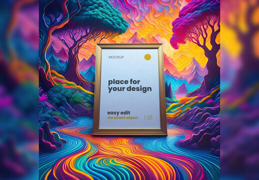 Poster Frame Mockup with Colorful Psicodelic envoronment 03 Generative Ai