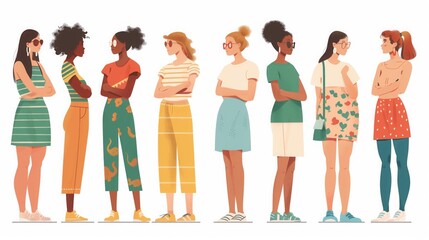 Obraz premium Seven women of various ethnicities standing in a row, each wearing stylish summer attire