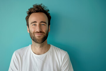 A close up portrait of a young man with a subtle smile