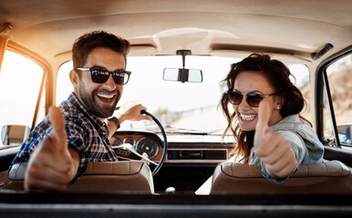 Happy couple, thumbs up and car for travel, road trip and destination achievement with smile. Vehicle, transport and married people with hand gesture for journey goal, adventure or vacation location