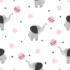 Cute baby elephants with balls seamless pattern. Vector childish illustration