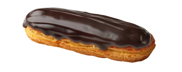 Delicious chocolate eclair with glossy icing, perfect for dessert, snack, or bakery shop advertisement. Crisp pastry and creamy filling. isolated on transparent background