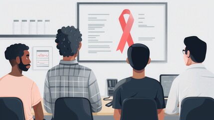 Men sitting and listening to a presentation on HIV/AIDS awareness