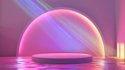 Obraz premium 3d rendering empty podium background with rainbow light for product presentation, mockup design template. minimal purple pastel scene, studio room. abstract geometric platform pedestal showcase on wal