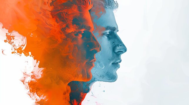 The image combines two faces. Concept of unity, duality, emotional distress or split personality people. Creative surrealistic design. Illustration for banner, poster, cover, brochure or presentation.