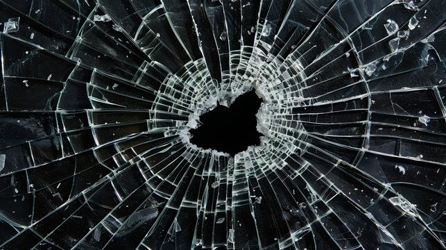 Broken glass on a dark background. After the impact, the glass surface has cracks diverging from the point of impact or bullet hit. The concept of destruction, vulnerability and fragility of existence