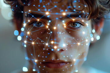 Portrait of a face highlighted by a digital network and light points, illustrating advanced facial recognition and biometry technology integrated with AI. Generative AI