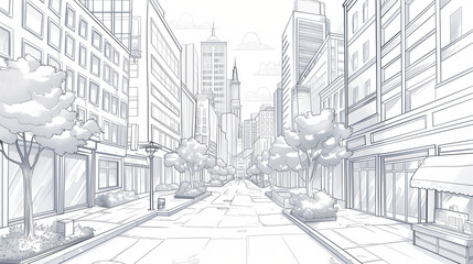 Simple Drawing of a Big City Street. A detailed black-and-white line drawing depicting a bustling big city street. 