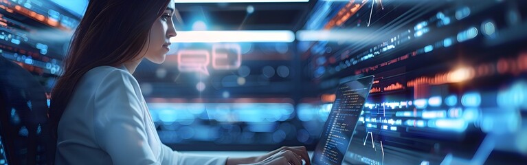 Data science business intelligence laptop and technology Woman