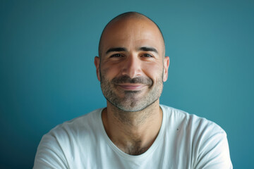 A close up portrait of a young man with a subtle smile