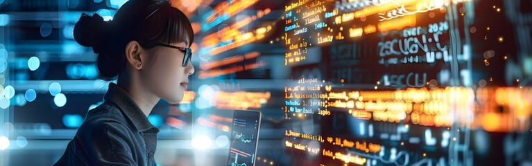 Obraz premium Data science business intelligence laptop and technology Woman