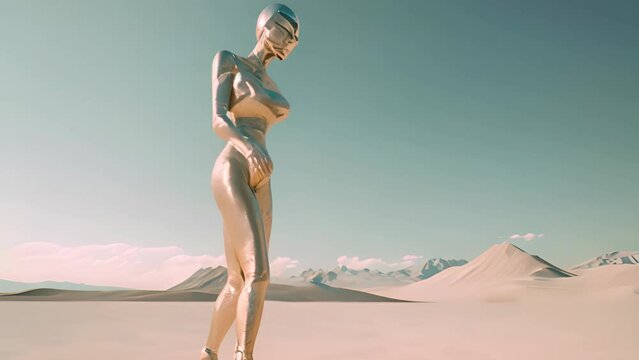 Chrome robot woman dancing in the desert. Artificial intelligence rise and shiny. Mechanical beauty