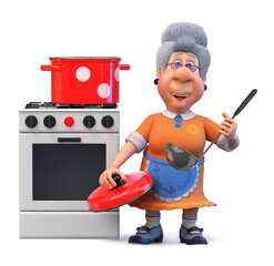3D illustration of a grandmother cooking lunch on a gas stove