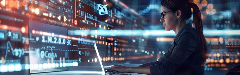 Data science business intelligence laptop and technology woman