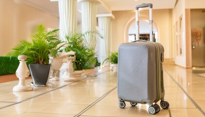 hotel check-in - hotel lobby and traveler's suitcase