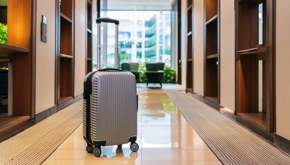 Naklejka premium hotel check-in - hotel lobby and traveler's suitcase