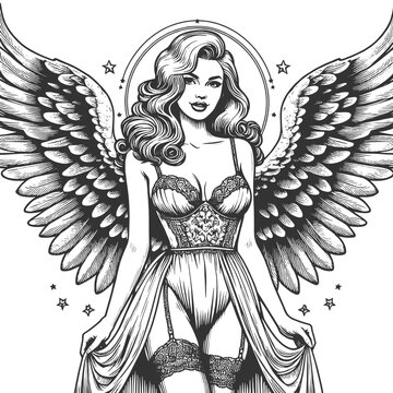 pin-up style angel sexy woman, featuring detailed wings and an elegant pose sketch engraving generative ai fictional character vector illustration. Scratch board imitation. Black and white image.