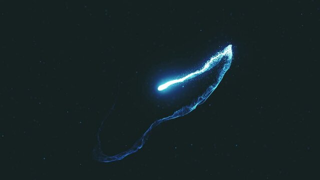 Light Streak Wiggling Animation/ Animation of a shining light streak flying and wiggling in random trajectory inside particles space with parallax effect and camera motion