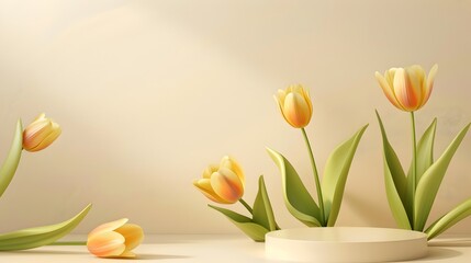 Yellow product display podium on tender fresh yellow backgrounds with spring blossom yellow tulip flowers bouquet, 3D display podium for beauty, cosmetic product presentation. Summer and spring mockup