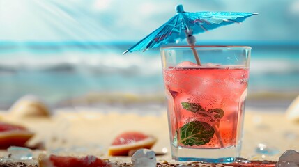 Obraz premium Elegant summer cocktail with a blue umbrella, clear glass, vibrant pink drink, minimalistic beach background, refreshing and stylish