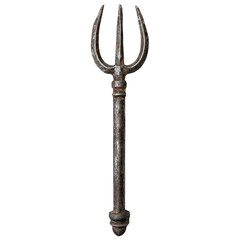 Obraz premium Vintage iron trident with rustic patina, perfect for decoration, cosplay, or historical reenactments. Isolated on white background.