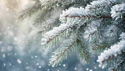 Beautiful winter scenery with pine or fir tree branches covered with snow. Cold weather. Close-up.