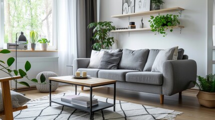 Modern Living Room Interior with Green Plants, Generative AI