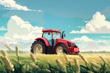 Fototapeta premium Illustration of a red tractor working in a field. Agricultural business development concept
