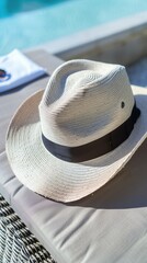 Elegant summer hat in beige with a black band, placed on a sun lounger, ideal for copy space for text