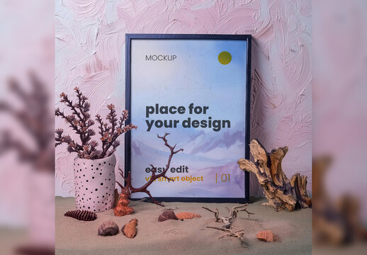 Poster Frame Mockup with illustrated nature elements 03 Generative Ai