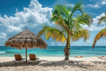 A tropical beach with palm trees and chairs under an umbrella, showcasing the serene beauty of summer vacation in the Caribbean or other coastal areas Generative AI