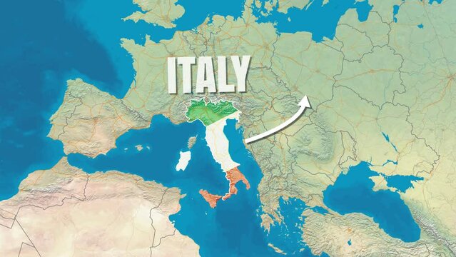 Map of Italy, zooming animation Italy map flag rotating With text Showing 4K Video Full HD