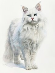 a watercolour and colour pencil painting of a white ragdoll cat standing and looking at camera, ash grey eyes, cute kawaii style, full body, soft-focused realism, plain white background, gentle color