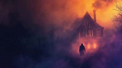 Halloween banner featuring haunted house, a shadowy figure,a ghostly silhouette against a dark, foggy purple and yellow background