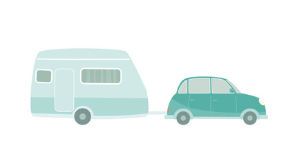 Retro car with camping trailer. Vector isolated color illustration in flat style.