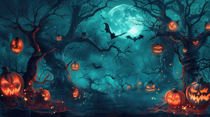 Spooky Halloween advertisement banner with a scary, eerie atmosphere, pumpkins and bats