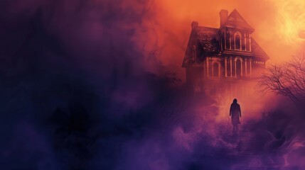 Halloween banner featuring haunted house, a shadowy figure,a ghostly silhouette against a dark, foggy purple and yellow background