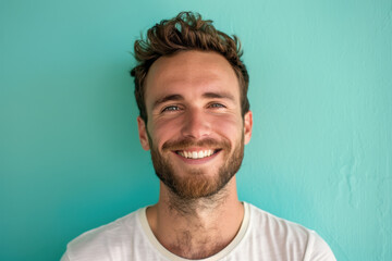 A close up portrait of a young man with a subtle smile