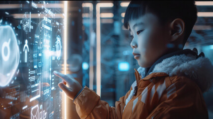 Chinese kid interacting with an AI-powered smartphone, futuristic and intelligent features of device, holographic display, voice interaction, smart applications