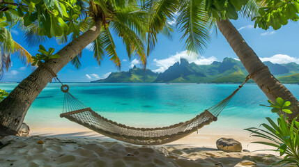 A hammock strung between two palm trees on the beach of an island. overlooking crystal clear turquoise waters and lush greenery