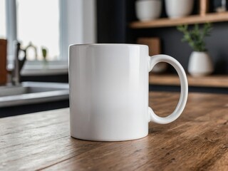 Product mockup of a blank white 11 oz ceramic coffee mug on a wooden table with kitchen in background