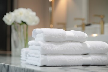 Pile of fluffy white bath towels stacked on a white marble vanity in a luxury bathroom interior.