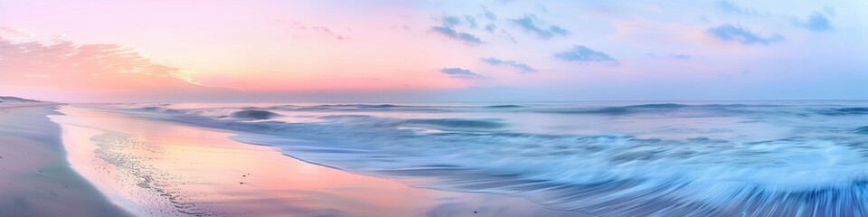 Fototapeta premium Peaceful summer sunset over a tranquil beach, with pastel colors in the sky and gentle waves, ideal for serene text space.