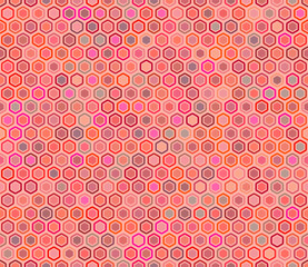 Vector science background. Bold rounded hexagon cells with padding and inner solid cells. Hexagon geometric shapes. Multiple tones color palette. Seamless pattern. Tileable vector illustration.