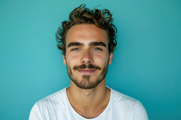 A close up portrait of a young man with a subtle smile