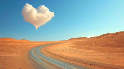 Curved road through desert with heart-shaped cloud in blue sky, peaceful and serene landscape concept
