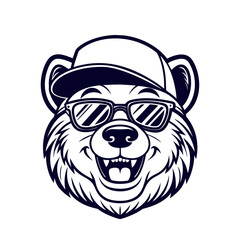 Head of a cute satisfied bear in sunglasses and a baseball cap. vector illustration