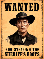 A wanted poster features serious-looking cowboy in black hat, accused of "stealing the sheriff's boots." The poster has vintage, old-western look with bold lettering and weathered, rustic appearance.