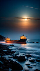 Fototapeta premium Bulk carrier in the misty ocean under moonlight