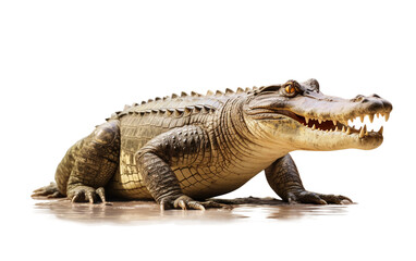 Naklejka premium A detailed close-up shot of an alligator with its mouth open, isolated on a white background showcasing its teeth and texture